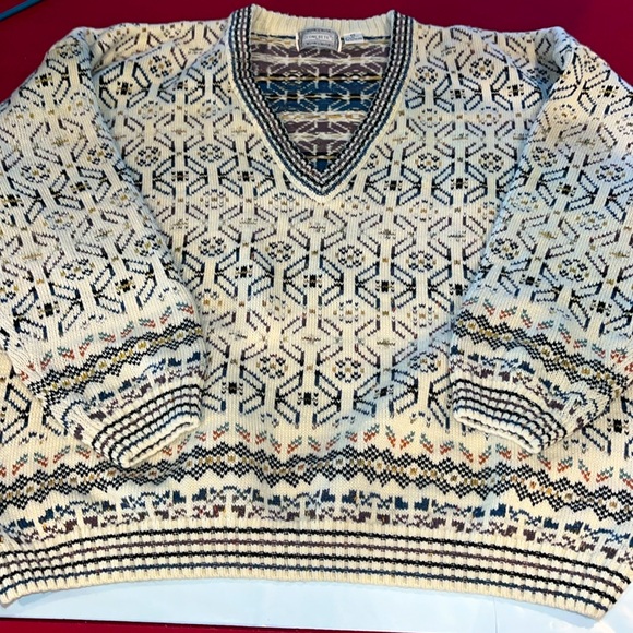 Concrete mix 90s V Neck boxy heavy Sweater Geometric Beige Tan Blue Cosby MEN 2X - Picture 13 of 16